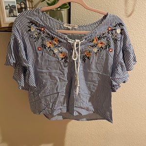 Stripe embroidered blue and white top